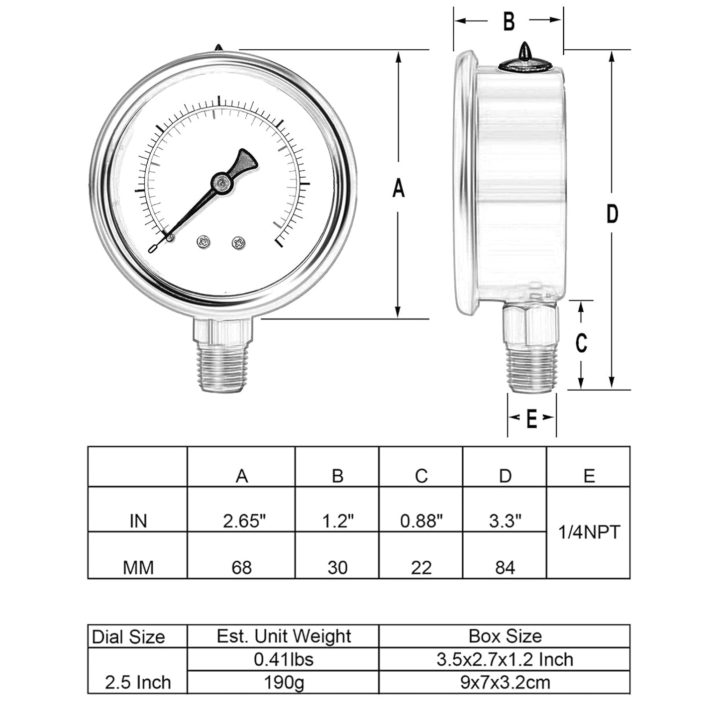 Glycerin Filled Pressure Gauge 1000psi/70bar, Stainless Steel case, Brass Inside Construction, 2-1/2" dial, 1/4" NPT Rear Connection.