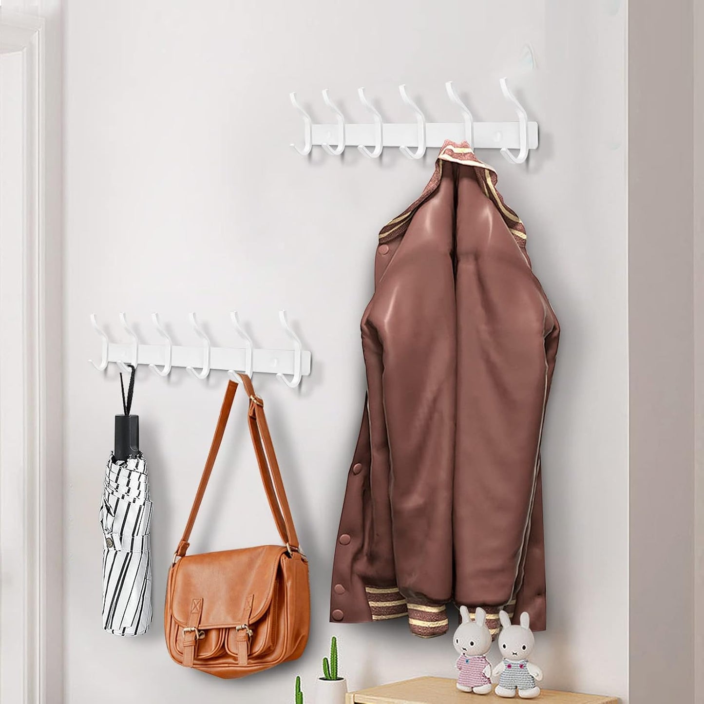 White Wall Hooks Heavy Duty, 23 Inch Coat Hooks Wall Mount with 8 Hooks,2 Packs Wall Hooks Hangers for Entryway, Bathroom - for Hanging Backpack, Bag, Coat, Purse, Hat, Towel, Clothes