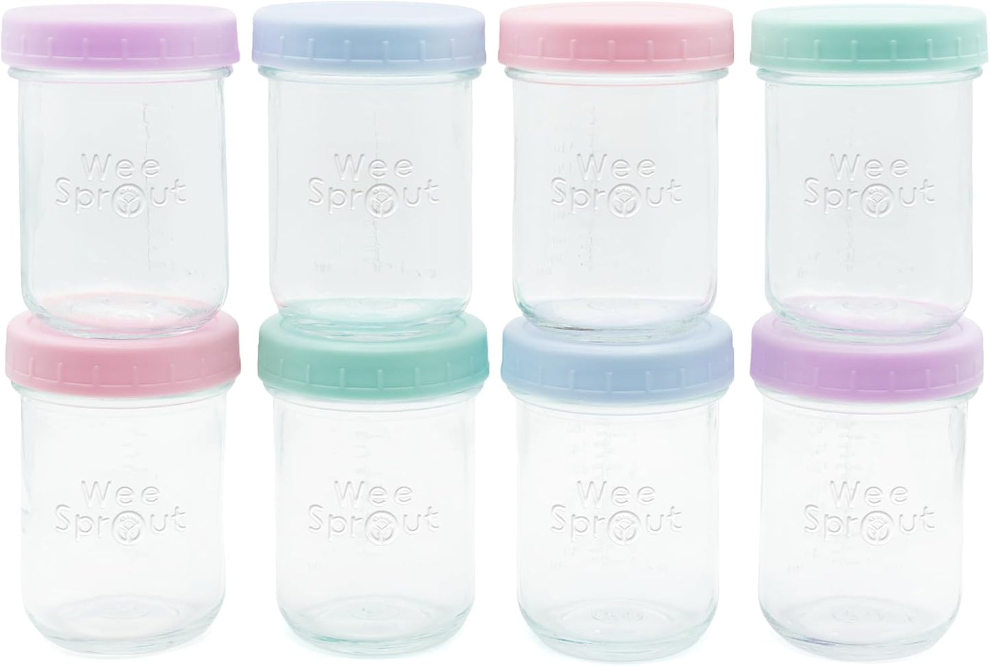 WeeSprout Baby Food Storage Glass Jars w/Lids (8 oz, 8 Pack) Pastel Variety, Snack, Reusable Small Containers, Fridge or Freezer, Microwave & Dishwasher Safe, Essentials for Infants