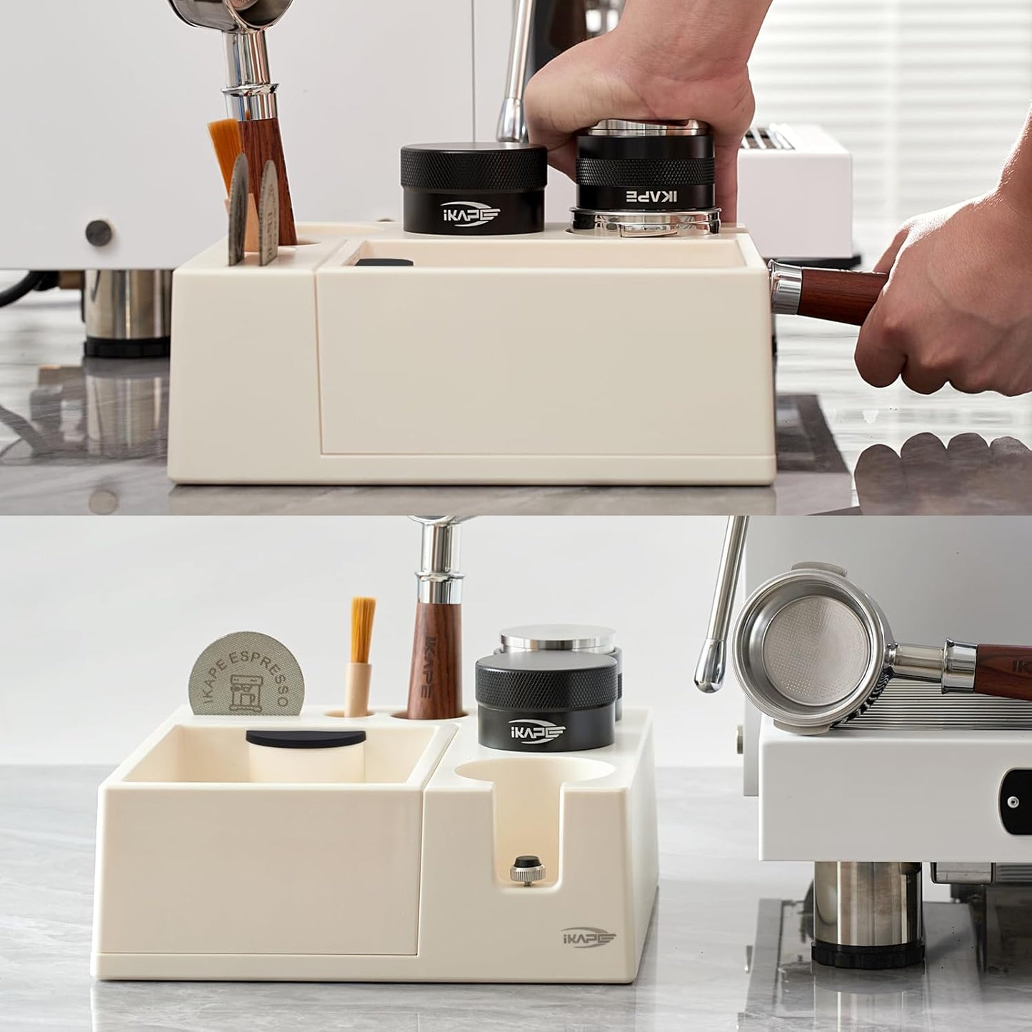 IKAPE Espresso Knock Box, Espresso Coffee Organizer Box Fit for Storage 51, 54, 58MM Espresso Tamper, Distributor, Portafilter & Puck Screen Accessories, Plastic Station Base(White)