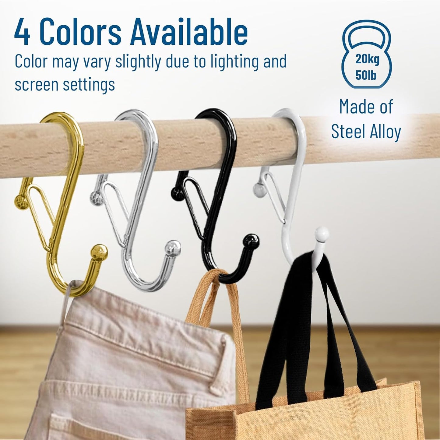 6-Pack Metal S Hooks for Hanging – Heavy-Duty S-Shaped Hook with Safety Buckle – Fits Bars up to 1.2 in – Anti-Drop S-Hooks for Closet, Wardrobes & Storage – White (Large)
