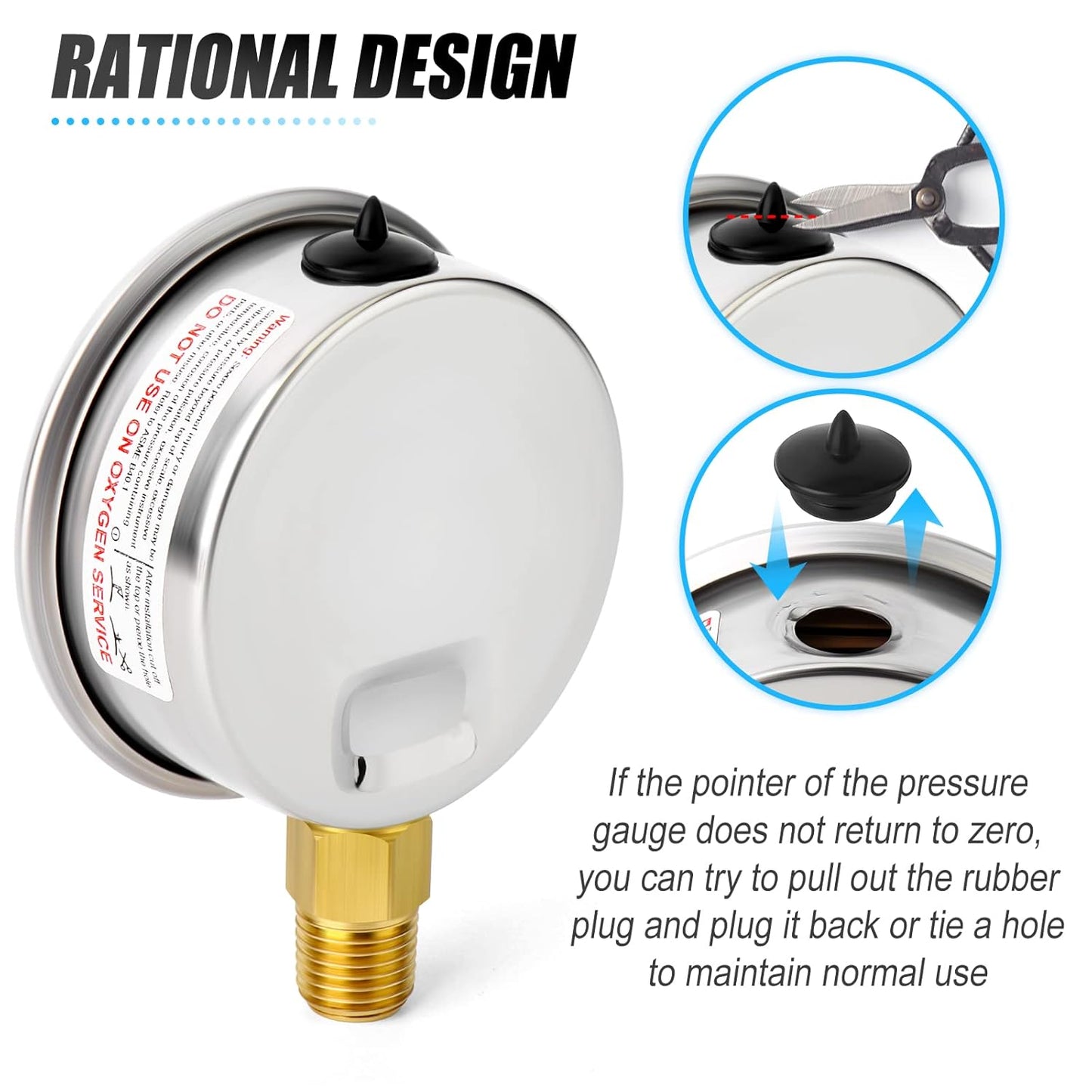 MEANLIN MEASURE 0~40Psi Stainless Steel 1/4" NPT 2.5" FACE DIAL Liquid Filled Pressure Gauge WOG Water Oil Air Lower Mount, with 1/2" NPT and 3/8" NPT Hex Bushing