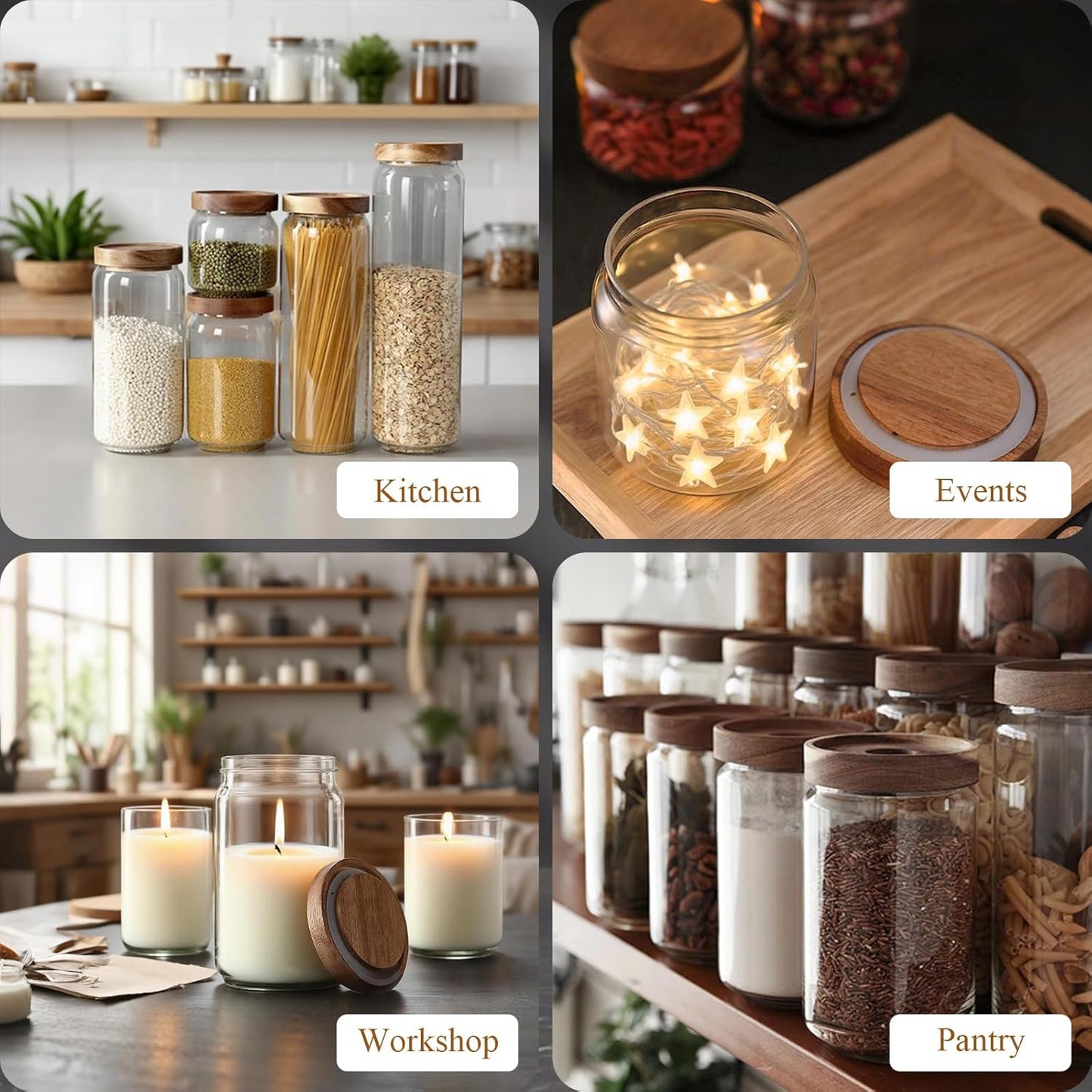 Glass Jars with Airtight Wood Lids - 57 oz Large Kitchen and Pantry Storage Containers, Canisters for Spaghetti, Noodles, Pasta, Ground Coffee, Sugar, Cereal, Set of 2