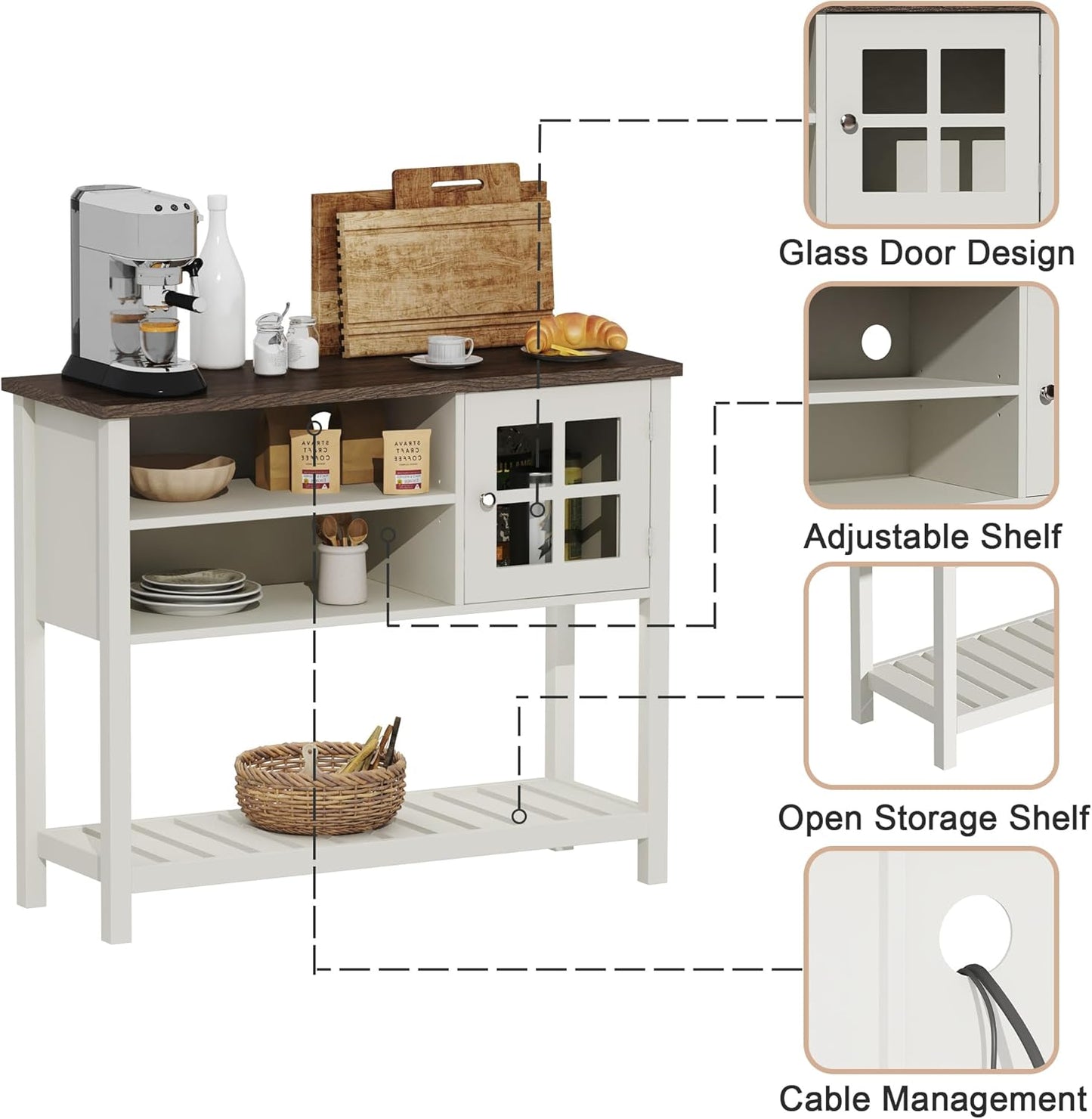 ChooChoo Farmhouse Coffee Bar Cabinet, Buffet Cabinet with Storage, Sideboard Buffet with Glass Door, Console Table for Kitchen, Hallway, Entrance, White
