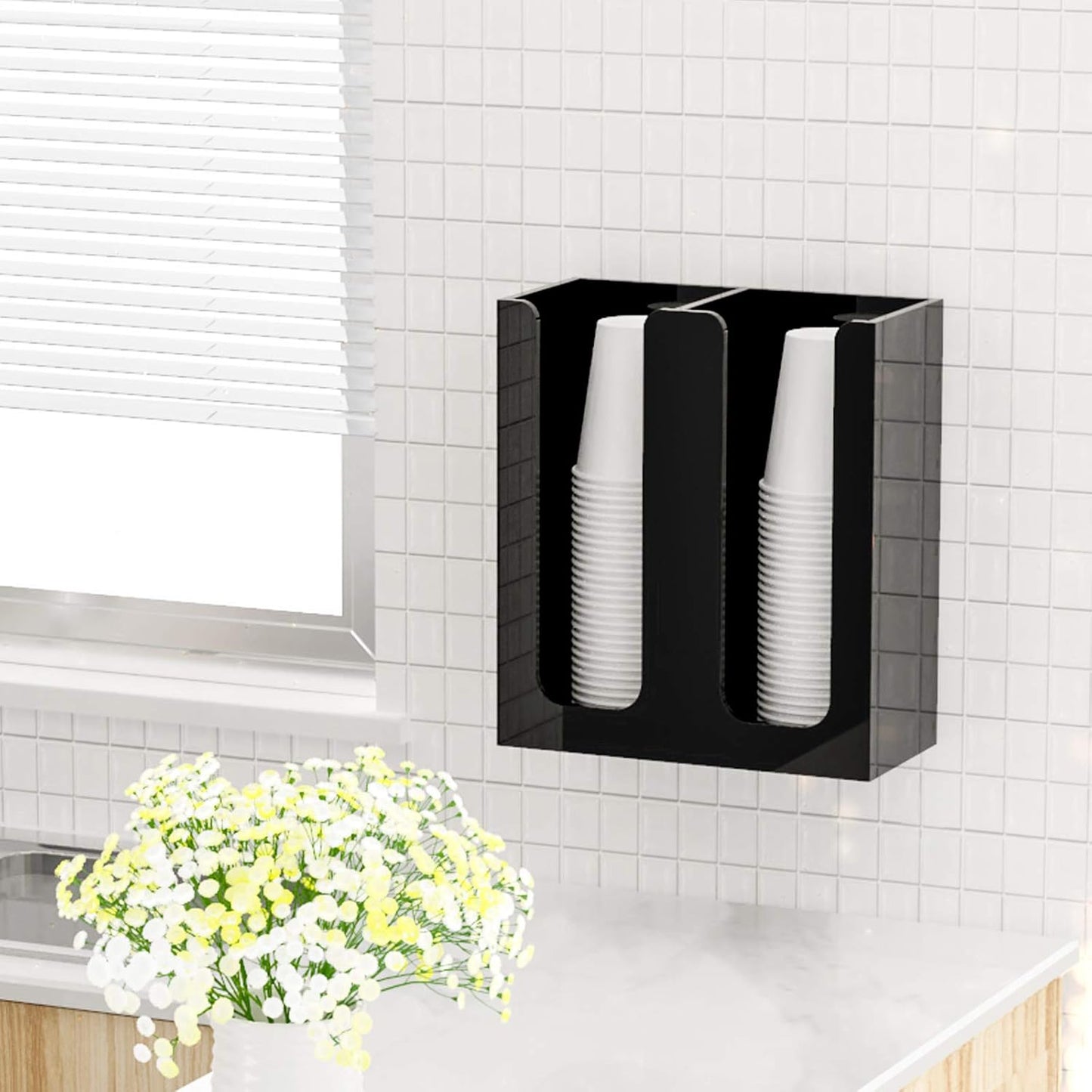 Richboom Acrylic Coffee Cup and Lid Storage Organizer Holder, 2 Compartments, Black