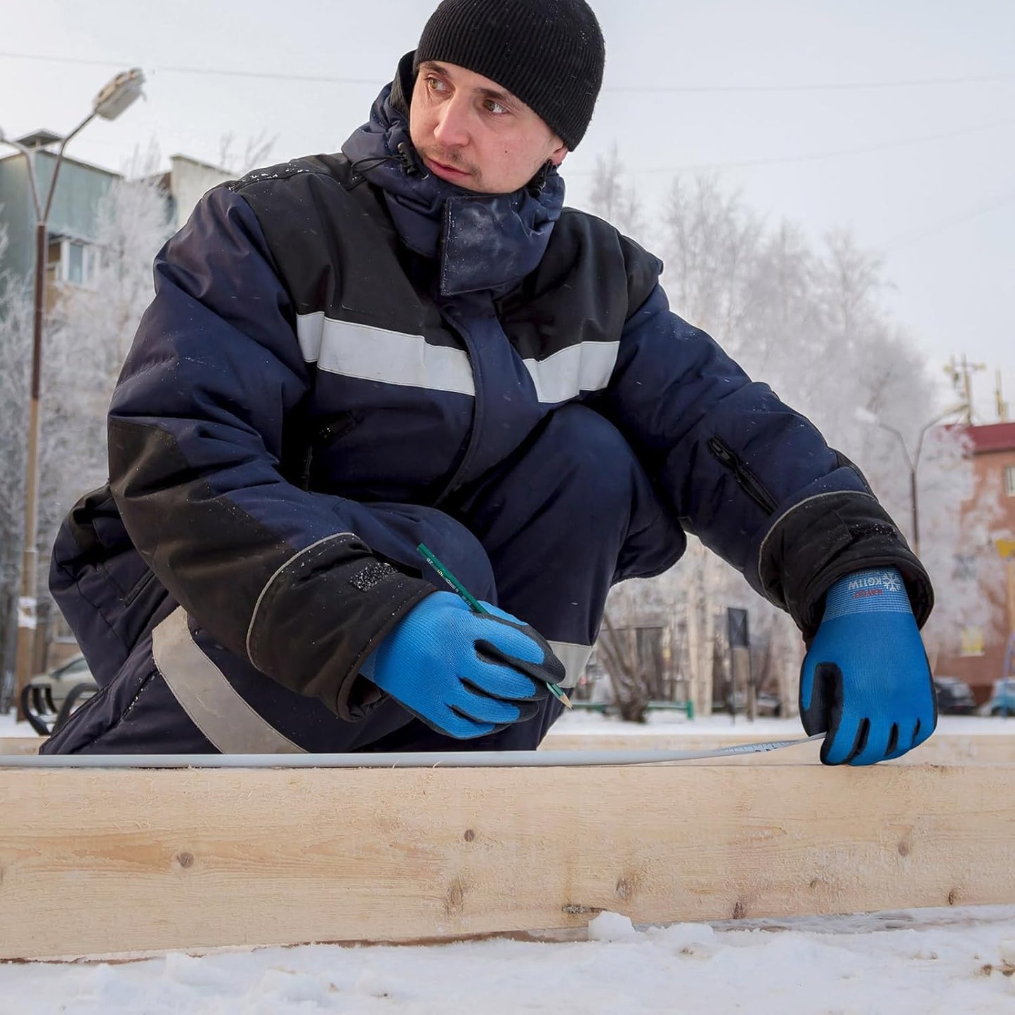 KAYGO Winter Work Gloves for Men and Women, 12 Pairs Thermal Insulated Safety Work Gloves PU Coated, Smooth Grip on Palm & Fingers,Ideal for Freezer Work,Blue,S