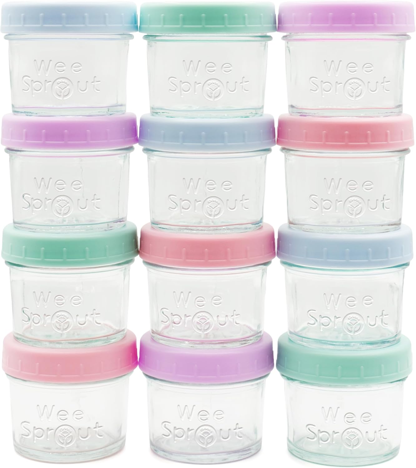 WeeSprout Baby Food Storage Glass Jars w/Lids (4 oz, 12 Pack) Pastel Variety, Snack, Reusable Small Containers, Fridge or Freezer, Microwave & Dishwasher Safe, Essentials for Infants