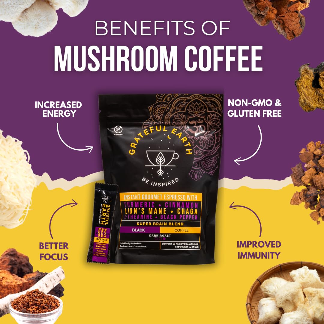 Grateful Earth Mushroom Coffee, Espresso Instant Coffee with Cinnamon, Turmeric, Lion’s Mane Mushrooms, L-Theanine, Chaga Super Brain Blend, Energy & Immune Support, Dairy & Gluten Free, 2 Bags, 40 Ct