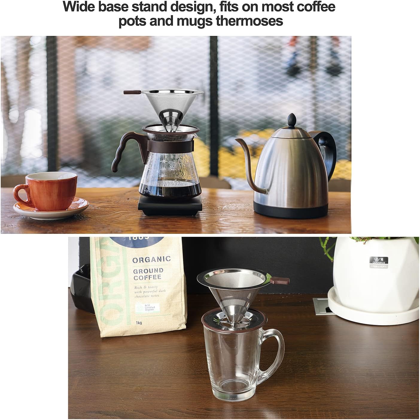 Pour Over Coffee Dripper, Reusable Paperless Coffee Filter,Professional Stainless Steel Drip Cone Brew Coffee Strainer,Upgraded Double Micro Mesh Filter with Cup Stand,1-4 Cup