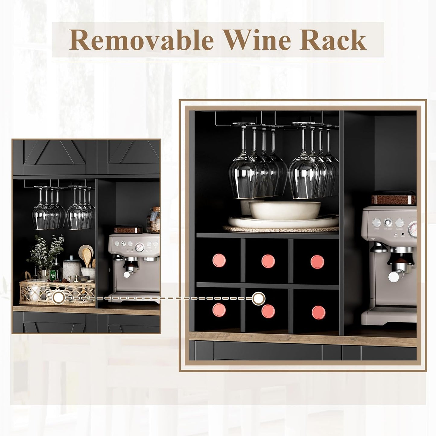 HOSTACK Kitchen Pantry Storage Cabinet, 71" Tall Food Pantry Cabinet with Microwave Stand, Farmhouse Kitchen Hutch, Coffee Bar Hutch with Wine Rack for Dining Room, Living Room, Black