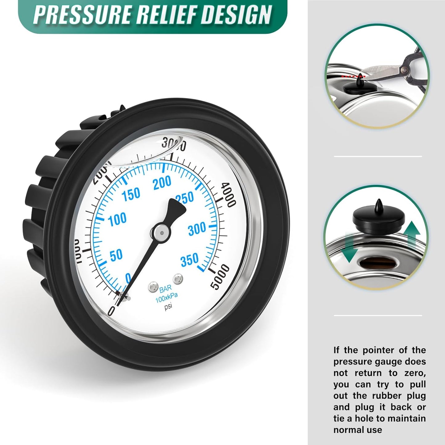 0-5000PSI Stainless Steel Liquid Filled Pressure Gauge, 2.5" Dial Size, 1/4" NPT Back Mount, with Rubber Protective Sleeve, for Tube, Water Pump, Gas, Liquid, Pressure Test