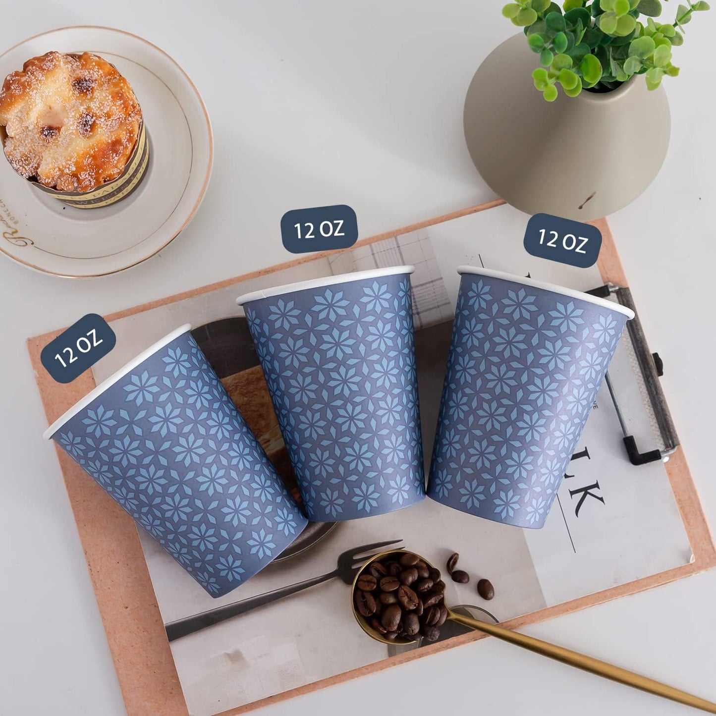 240 Pack 12 oz Disposable Paper Cups, Hot/Cold Beverage Paper Drinking Cups, Navy Floral Paper Coffee Cups 12 oz for Home-use, Office, Restaurant and Events