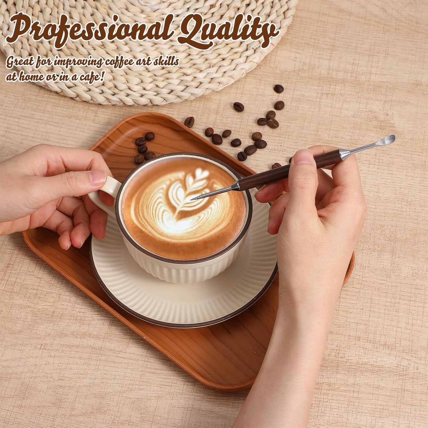 2pcs Latte Art Pen, Double-Ended Stainless Steel Barista Tools with Black Wood Handle, Professional Coffee Art Pen for Home Cafe Espresso Designs, Barista Accessories