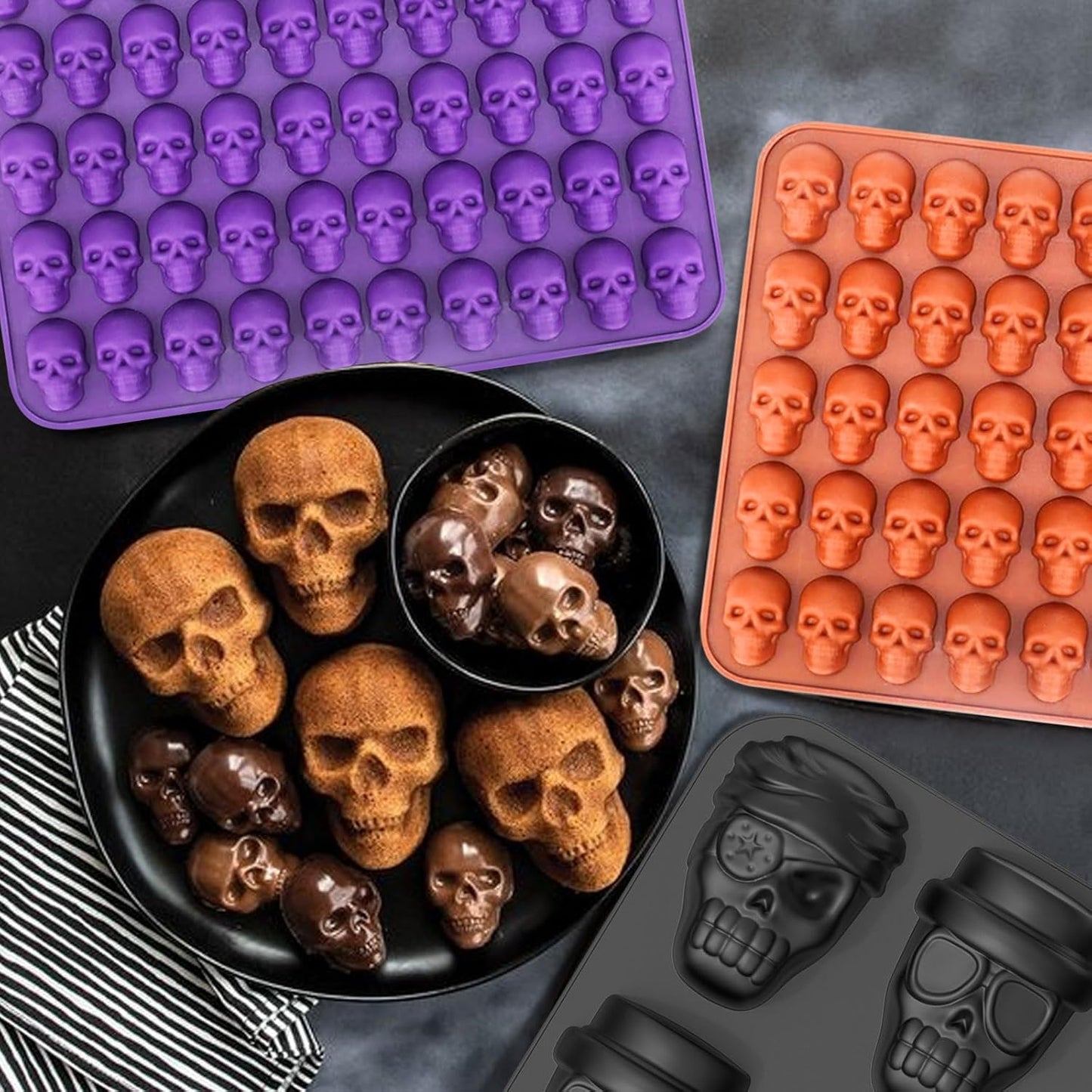 Mini Skull Molds Silicone Halloween for Candy Gummy Chocolate, 200 Cavity 4 pcs Small Head Shapes Freezing Tray Party Wax Melts DIY Moulds BPA Free Treat or Trick Kids Oven Safe