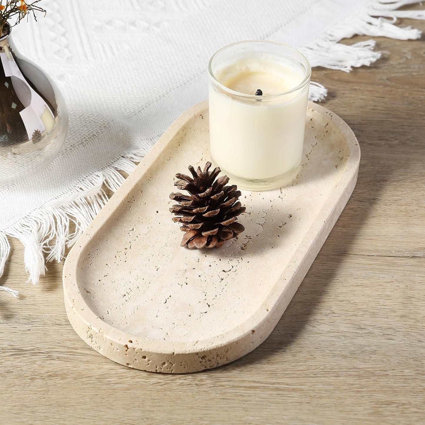 Koville Natural Marble Tray for Bathroom Counter, 10" x 5" Travertine Marble Storage Trays for Perfume, Cosmetics, Jewelry, Vanity Tray Stone Trays for Home, Decorative Tray for Dresser Organizer