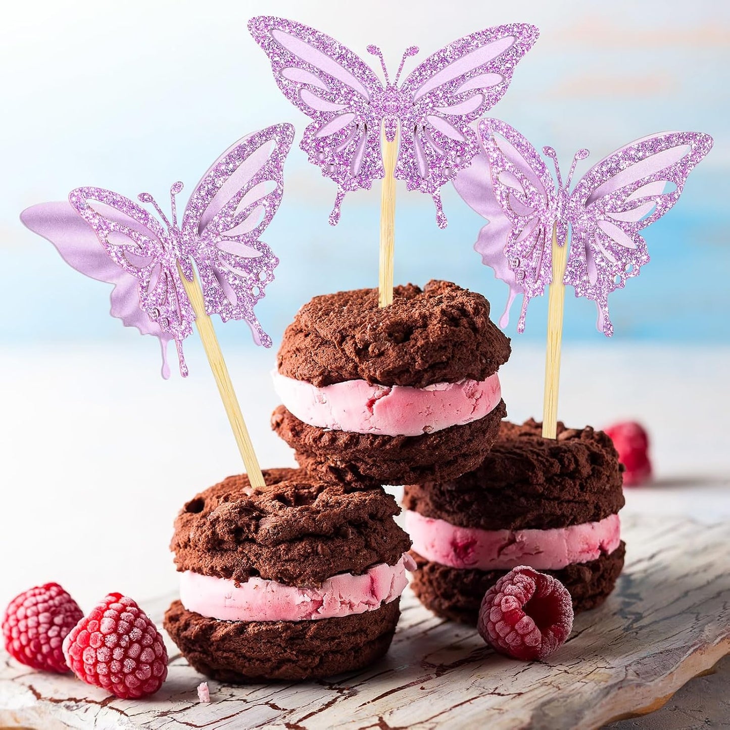Chinco 48 Pcs Butterfly Cupcake Toppers Assembled Double Layer Cupcake Topper 3D Glitter Cake Topper Butterfly Cocktail Pick Decoration for Baby Shower Birthday Wedding(Purple,Retro Style)