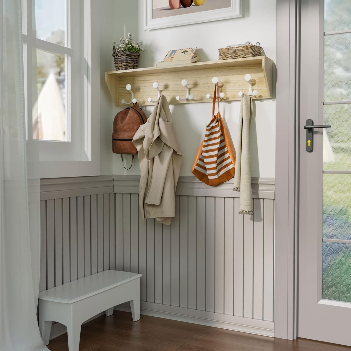 SKOLOO Wall Shelf with Hooks, 35-Inch Coat Rack Wall Mount with Shelf Organizer - Lightweight & Sturdy, 5 Tri Hooks - Perfect for Entryway, Hallway, Living Room, Bedroom, Mudroom, Natural & White