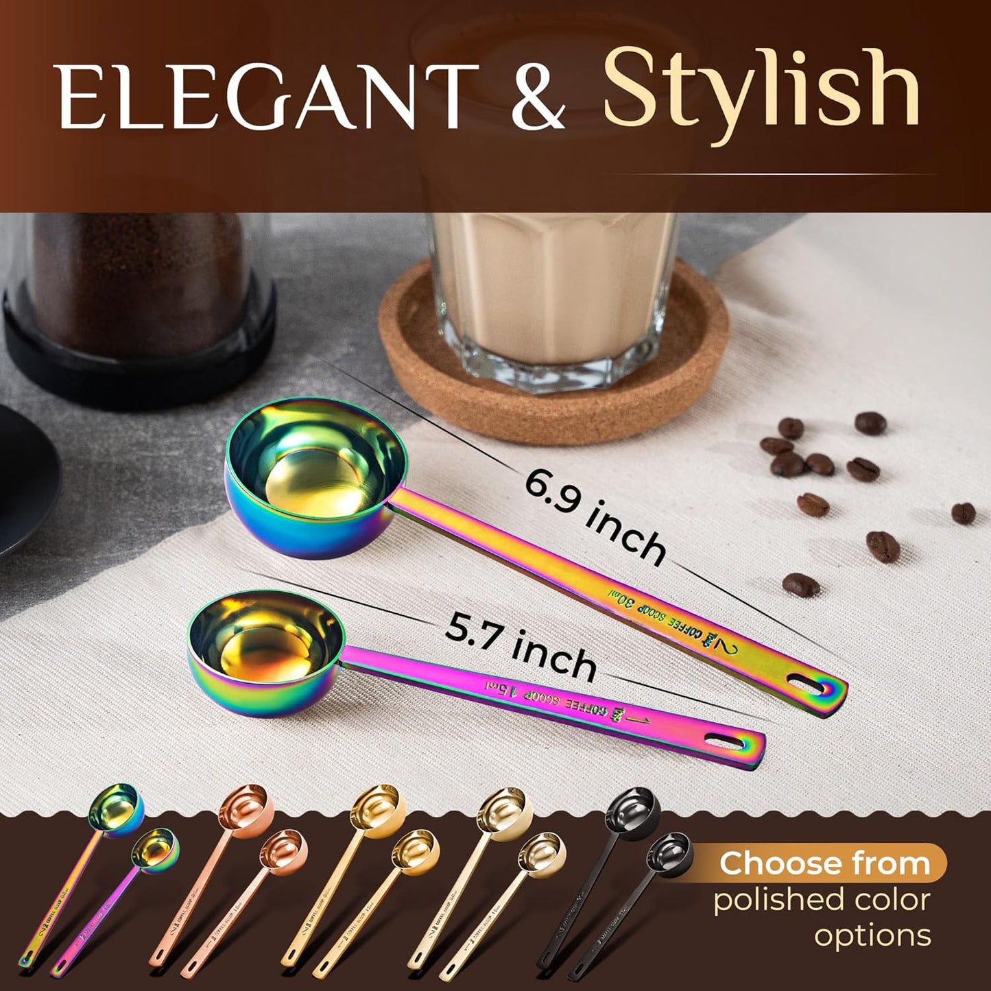 Orblue Premium Coffee Scoop Set - 1 Tbsp (15ml) & 2 Tbsp (30ml) Measuring Tablespoon - Stainless Steel Coffee Measuring Spoon and Scooper with Long Handles - Pack of 2, Multicolored