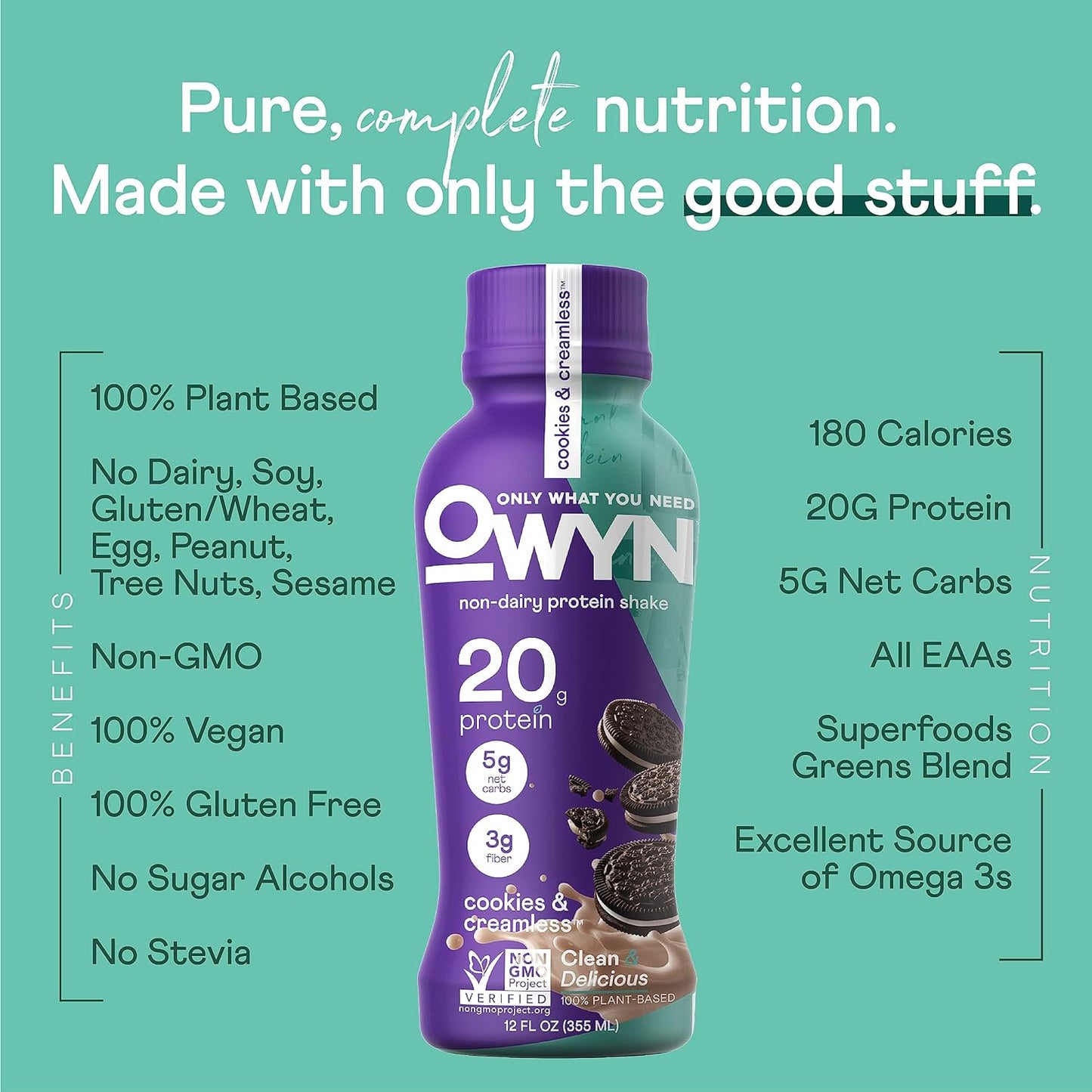 OWYN Only What You Need Plant Based Protein Shake, 20g Vegan Protein from Organic Pumpkin seed, Flax, Pea Blend, Prebiotic supplement, Gluten & Soy-Free (Vanilla Variety Pack, 12 Pack)