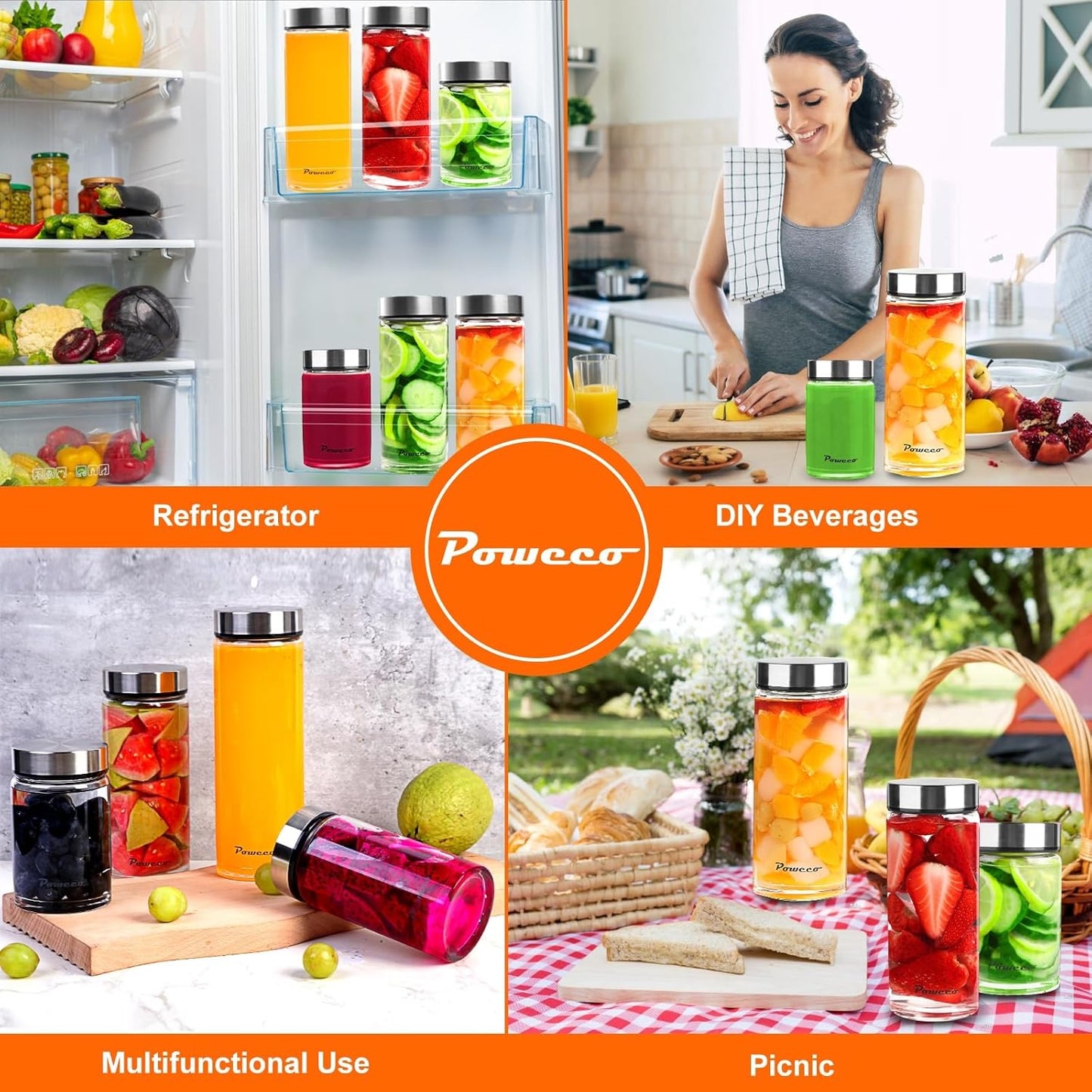 12oz Glass Juice & Water Bottles 4-Pack with Lids- Wide Mouth Reusable Borosilicate Glass- for Juicing, Smoothies, Protein Shakes, Blender & Shaker Bottle- Refillable & Dishwasher Safe(12 oz/400ml)