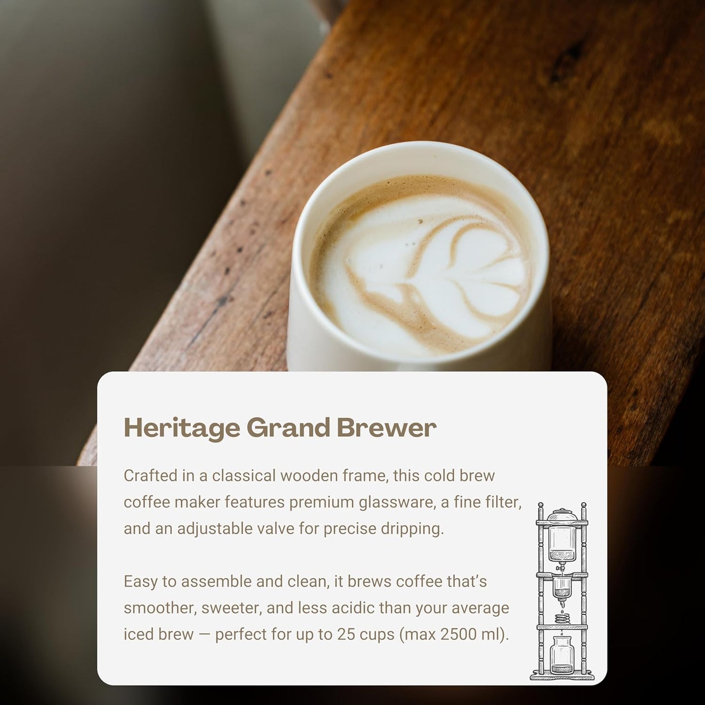 Nispira Cold Brew Drip Tower Iced Coffee Maker Glass Wooden Stand 25 Cups white