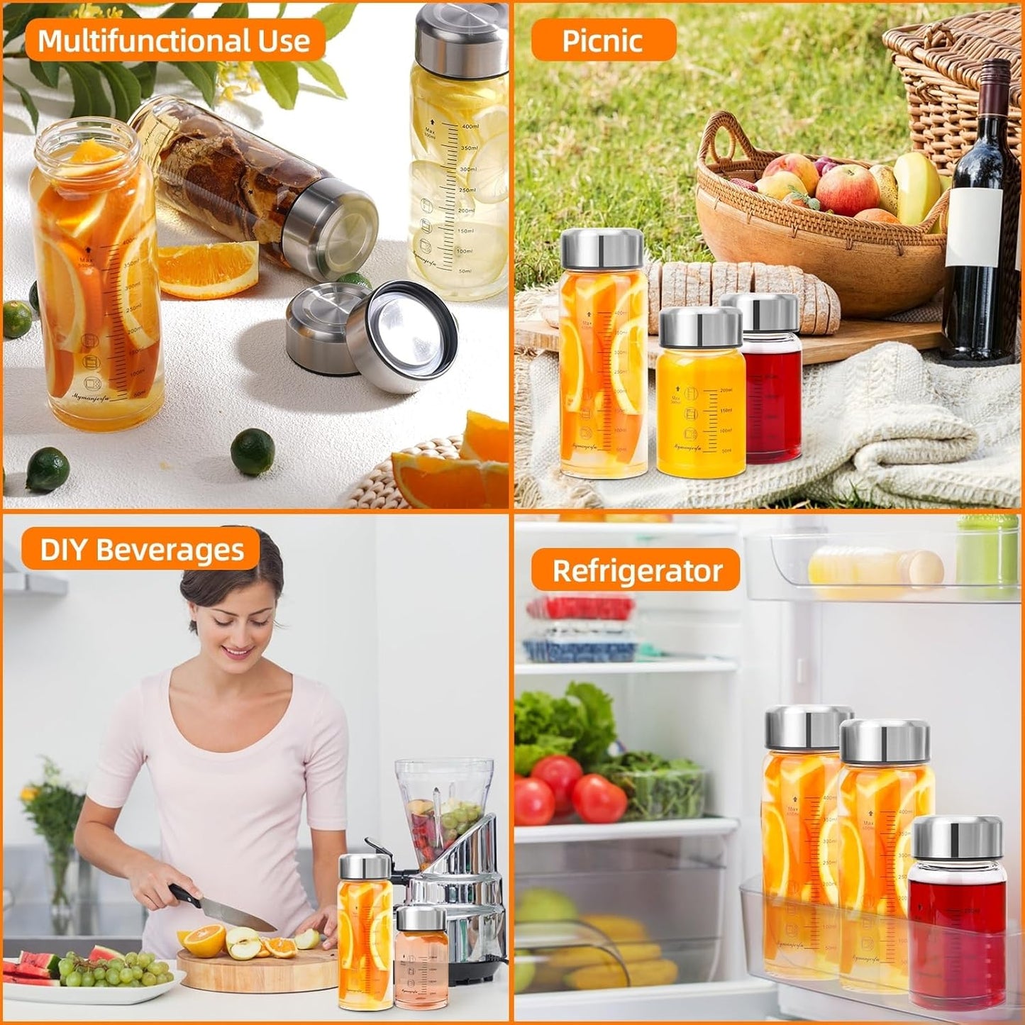 Glass Juice Bottles 16 oz - Wide Mouth Glass Water Bottles with Lids and Sleeve- for Juicing, Smoothies, Milk, Protein, Reusable, Stainless Steel Lids, Leak Proof, Shaker bottle (16oz/500ml)