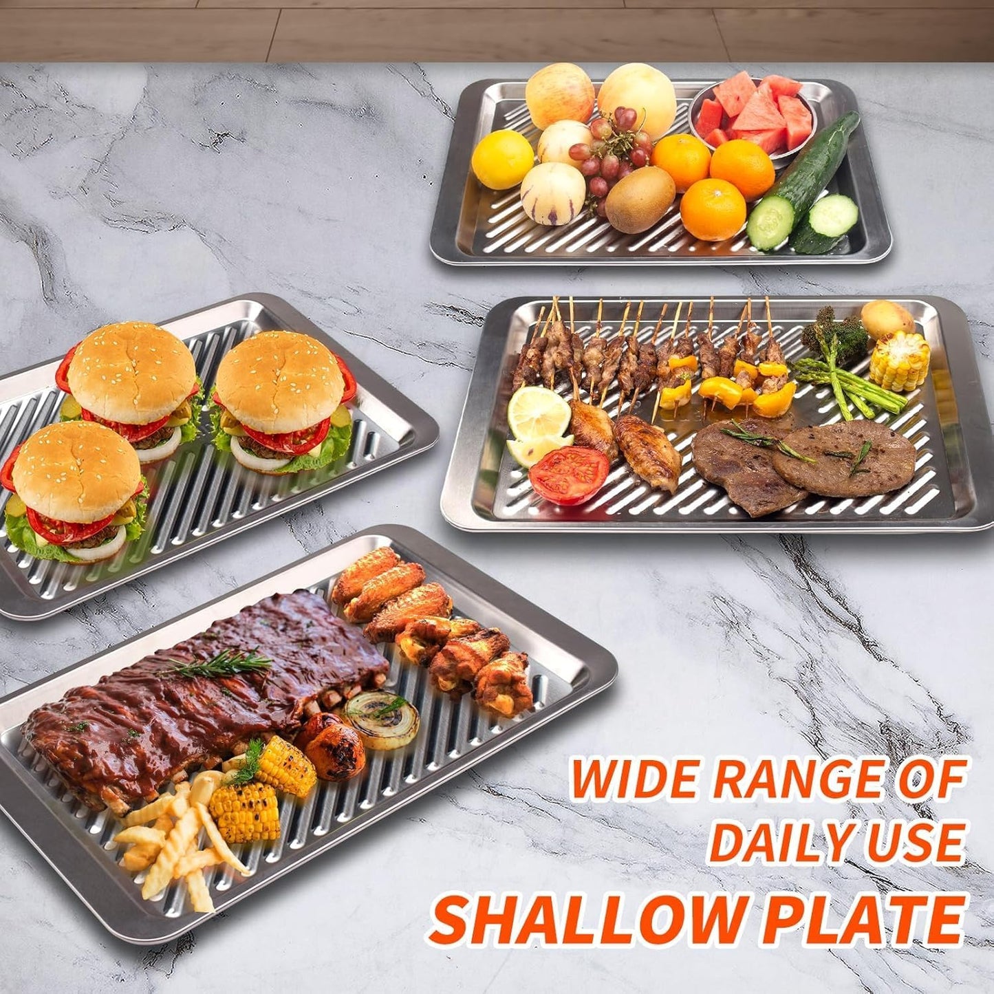 Grilling Prep and Serve Trays, Set of 2 Stackable Stainless Steel BBQ Trays Marinating Tray Serving Platter for Plating Food BBQ Prep Tub for Marinating Meats, Grill Accessories