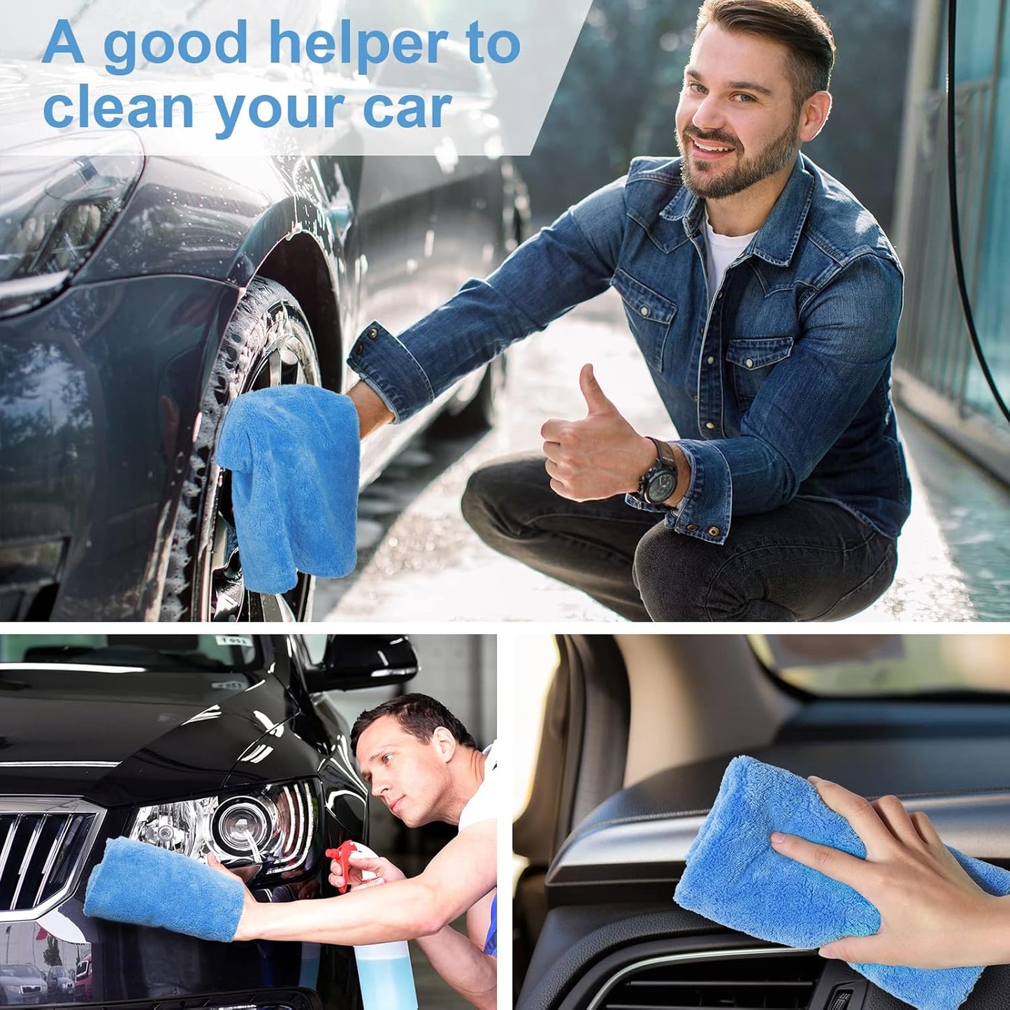 Shimeyao 30 Pcs 16 x 16 Inch Edgeless Microfiber Plush Towels for Cars Detailing Drying Wash Polishing Absorbent Cleaning Cloths, 500 GSM (16 x 16 Inch, Light Blue, 30 Pcs)