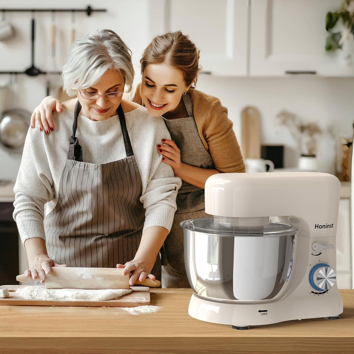 Stand Mixer,3-In-1 10-Speed 660W 5.5QT Tilt-Head Food Mixer, Electric Mixer with Bowl, Dough Hook, Whisk and Beater,Kitchen Mixer for Baking, Cake and Most Home Cooks, Beige