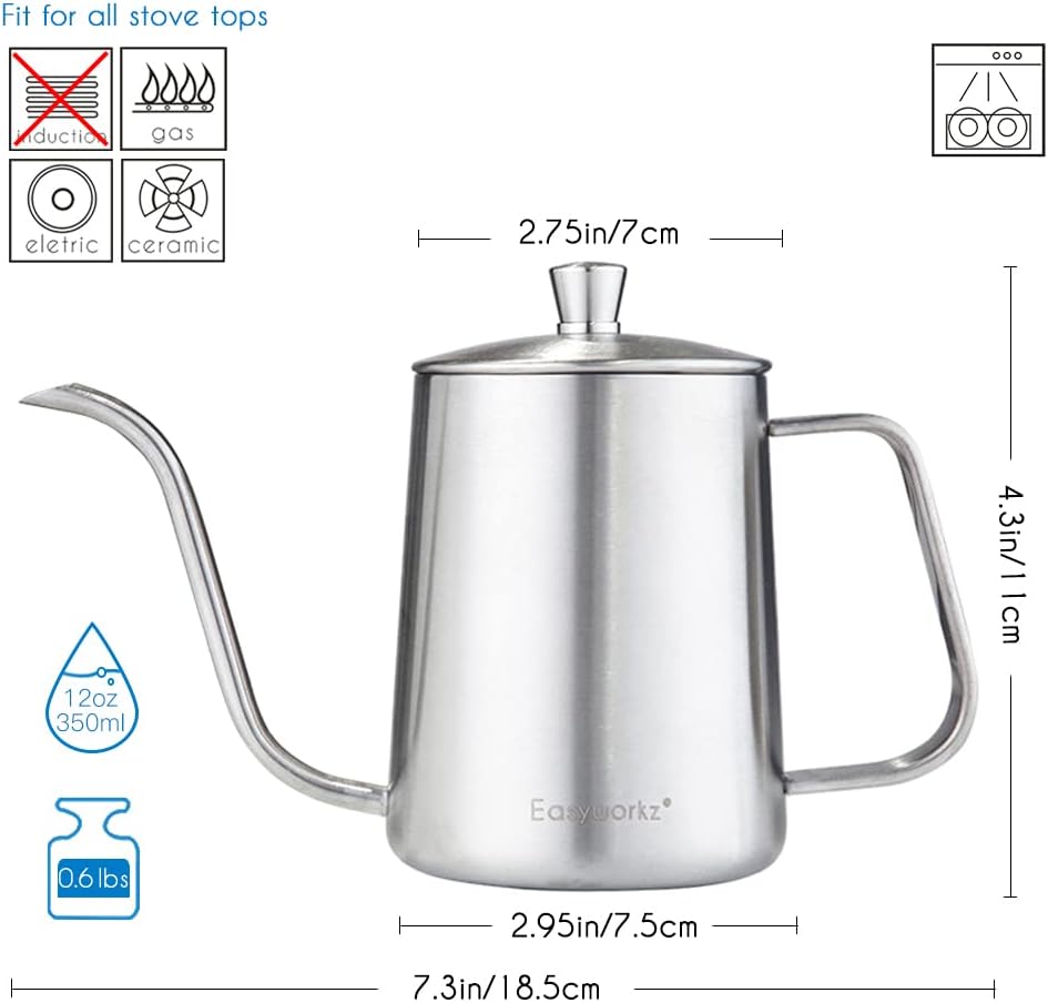 Easyworkz Gage Gooseneck Pour Over Coffee Kettle 12 oz Stainless Steel Hand Drip Long Narrow Spout, Silver