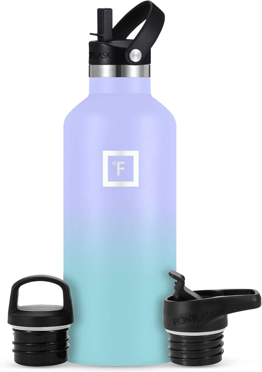 IRON °FLASK Camping & Hiking Hydration Canteens - 3 Lids (Narrow Straw Lid) Leak Proof Vacuum Insulated Stainless Steel - Hot & Cold Double Walled Sports Water Bottle - Cotton Candy, 32 Oz