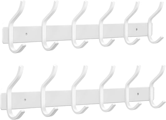 White Wall Hooks Heavy Duty, 17 Inch Coat Hooks Wall Mount with 6 Hooks,2 Packs Wall Hooks Hangers for Entryway, Bathroom - for Hanging Backpack, Bag, Coat, Purse, Hat, Towel, Clothes