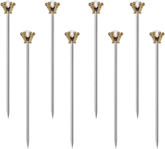 Stainless Steel Cocktail Picks Crown,Metal Martini Sticks,Fruits Toothpicks,Reusable Garnish Skewer Drinks Sandwiches Appetizers Olives Fruits Barbecue Snacks of 8 Pieces (Glod)