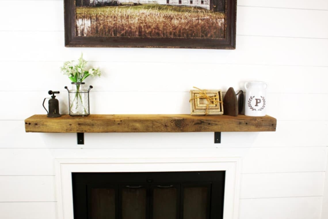 Modern Timber Craft Reclaimed Wood Fireplace Mantel Shelf | Solid Rustic American Barnwood with Steel Floating Shelf Brackets | 2.75" Thickness | 910" L x 10" D, Jacobean, Planed and Sanded