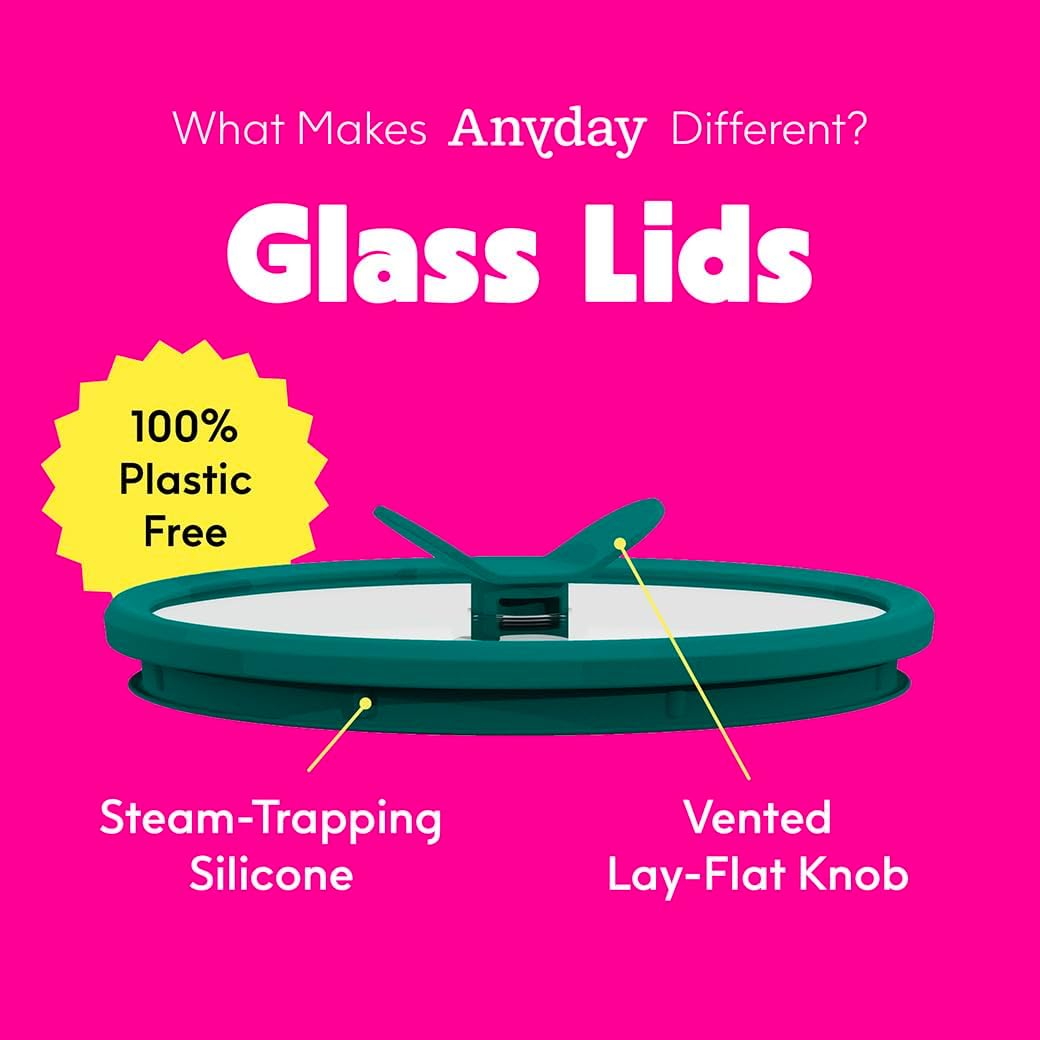 Anyday 8-Cup Glass Food Storage with Glass Lid, Round Deep Dish | Plastic-Free Meal Prep & Microwave Cookware | Stackable Airtight Storage Container with Vented Lid for Microwave-Safe Reheating