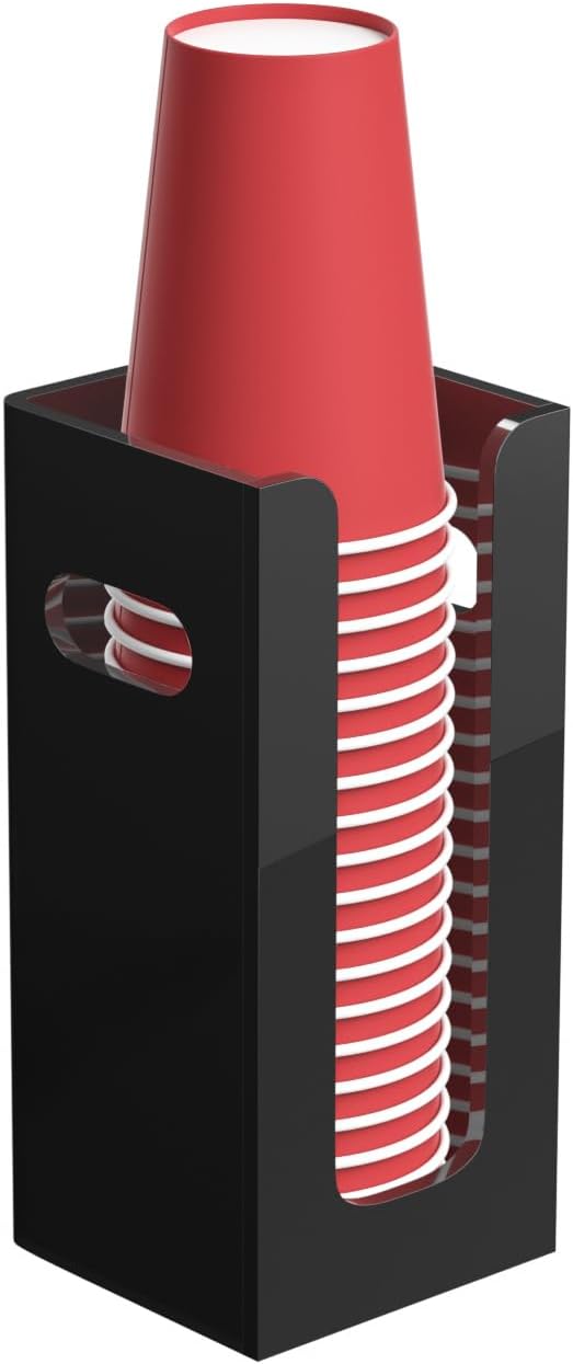 Disposable Coffee Cup Dispenser with Handles, Countertop or Wall Mount Hot/Cold Drink Cup and Lid Holder - Bathroom/Kitchen/Office Acrylic Cup Lid Storage Organizer (1 Compartment, Black)