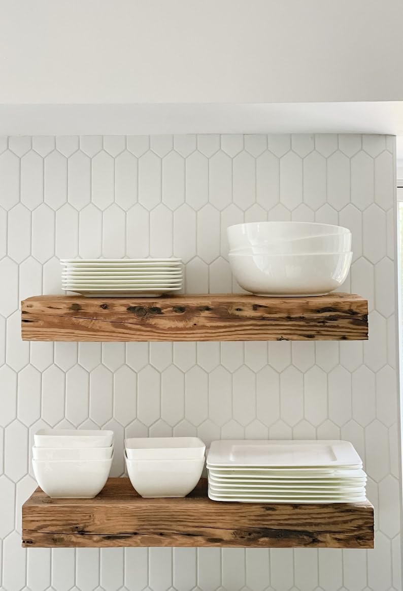 Modern Timber Craft Reclaimed Wood Fireplace Mantel Shelf | Solid Rustic American Barnwood with Floating Shelf Brackets | 2.75" Thickness | 72" L x 7" D, Rustic Original - Unfinished