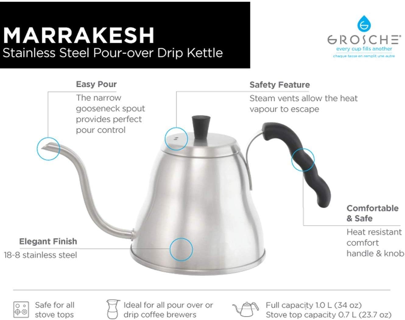 GROSCHE - Marrakesh Gooseneck Kettle Stovetop - 34 oz Stainless Steel Pour Over Coffee & Tea Kettle - Gooseneck Design for Precise Pouring, Integrated Thermometer for Optimal Brewing Temperature