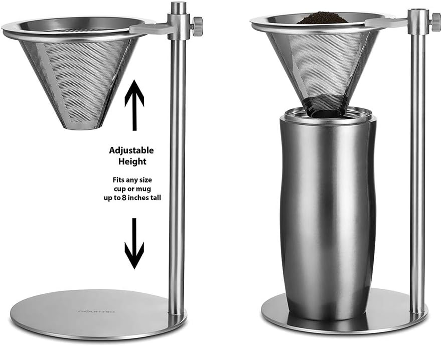 Pour Over Coffee Maker, Adjustable Pour Over Coffee Stand with Double Filter, Freestanding Drip Cone Brewer and Stand, Make Coffee Directly into Mug, Cup or Thermos, 1pcs, Stainless Steel