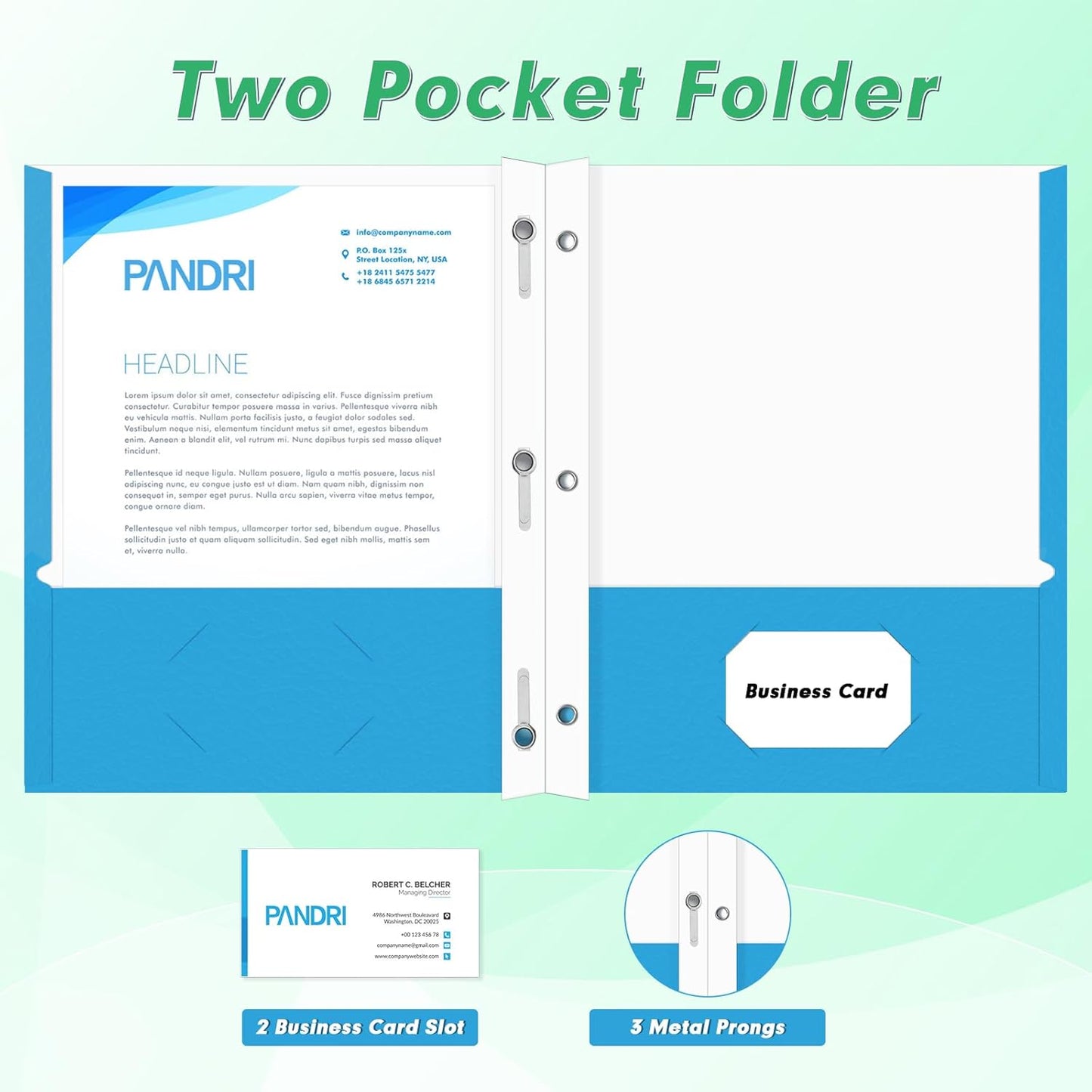 Two Pocket Folders, PANDRI 100 Pack Two Pocket Folders with Prongs, Designed for Office and Classroom, Assorted 5 Colors 2 Pocket 3 Prong Folders