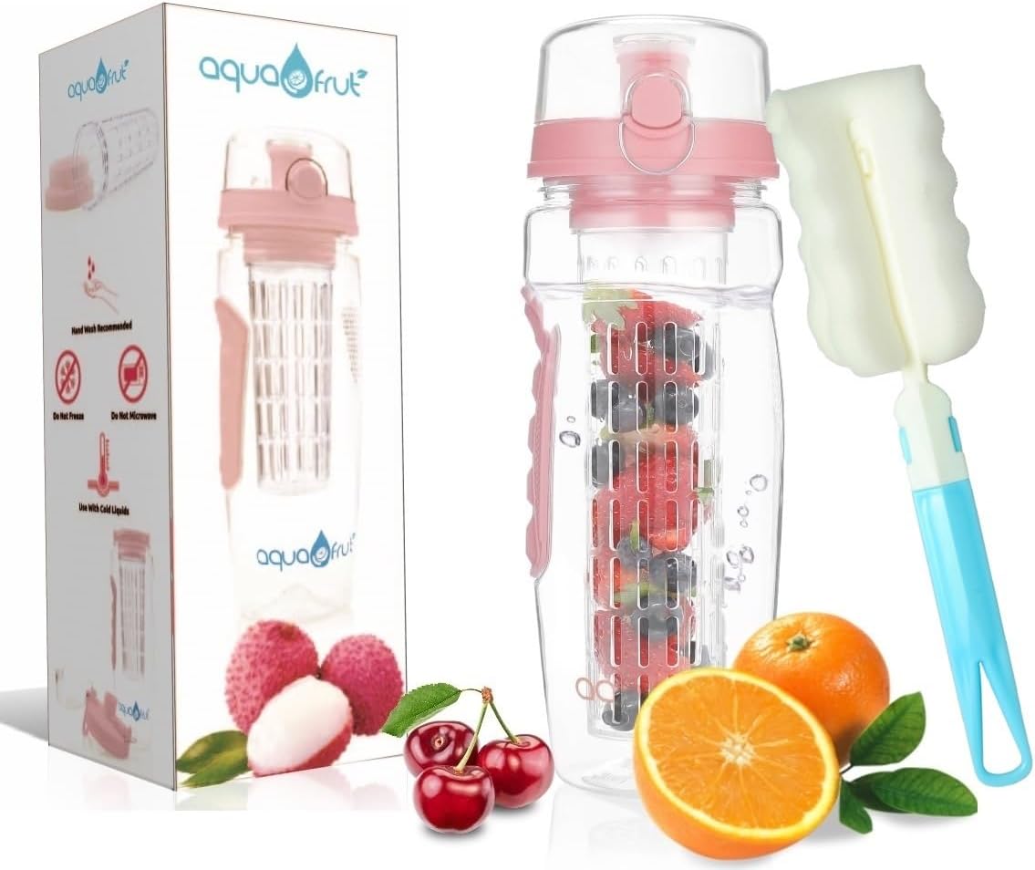 AquaFrut 32 OZ Fruit Infuser Water Bottle BPA-Free Fruit Infusion Sports Bottle - Flip Top Lid w Drinking Spout, Leak Proof, Made of Durable Tritan. Free Recipe eBook! (Rose)
