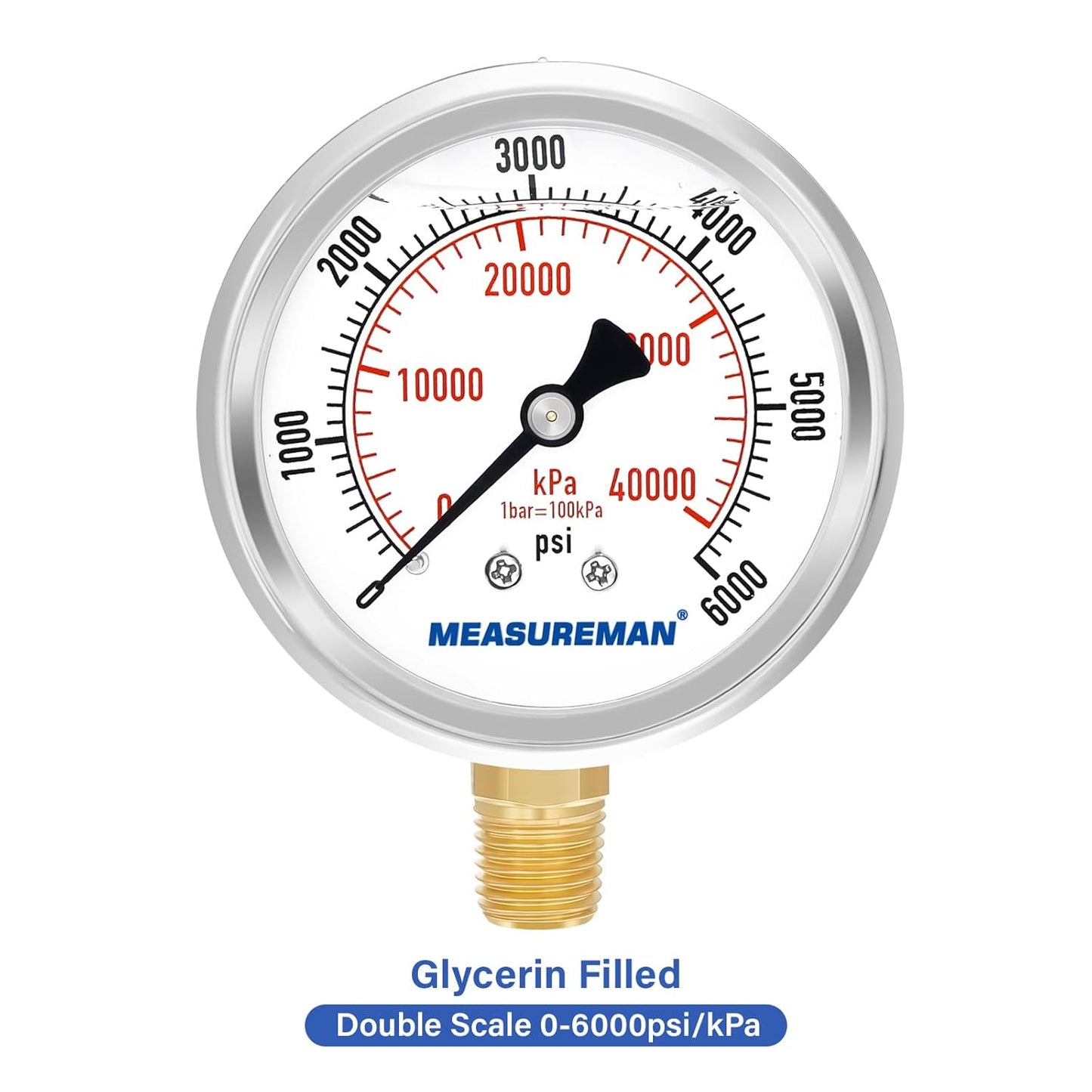 MEASUREMAN 2-1/2" Dial Size, Glycerin Filled Pressure Gauge, 0-6000psi/kpa, 304 Stainless Steel Case, 1/4" NPT Lower Mount