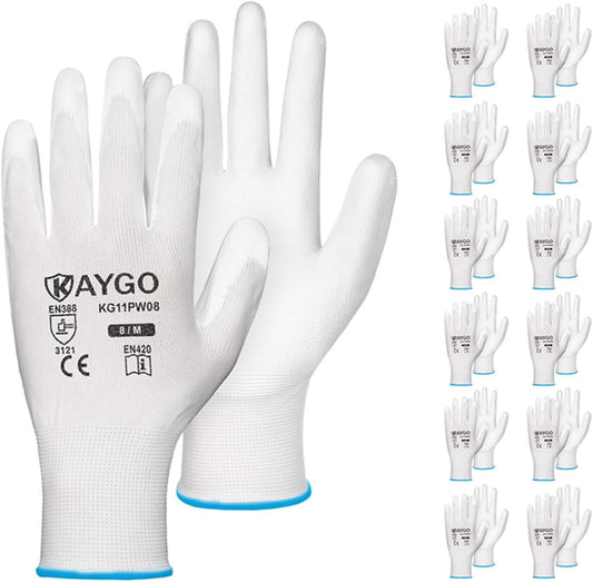 KAYGO Safety Work Gloves PU Coated-12 Pairs, KG11PB, Seamless Knit Glove with Polyurethane Coated Smooth Grip on Palm & Fingers, for Men and Women, Ideal for General Duty Work (Medium, White)