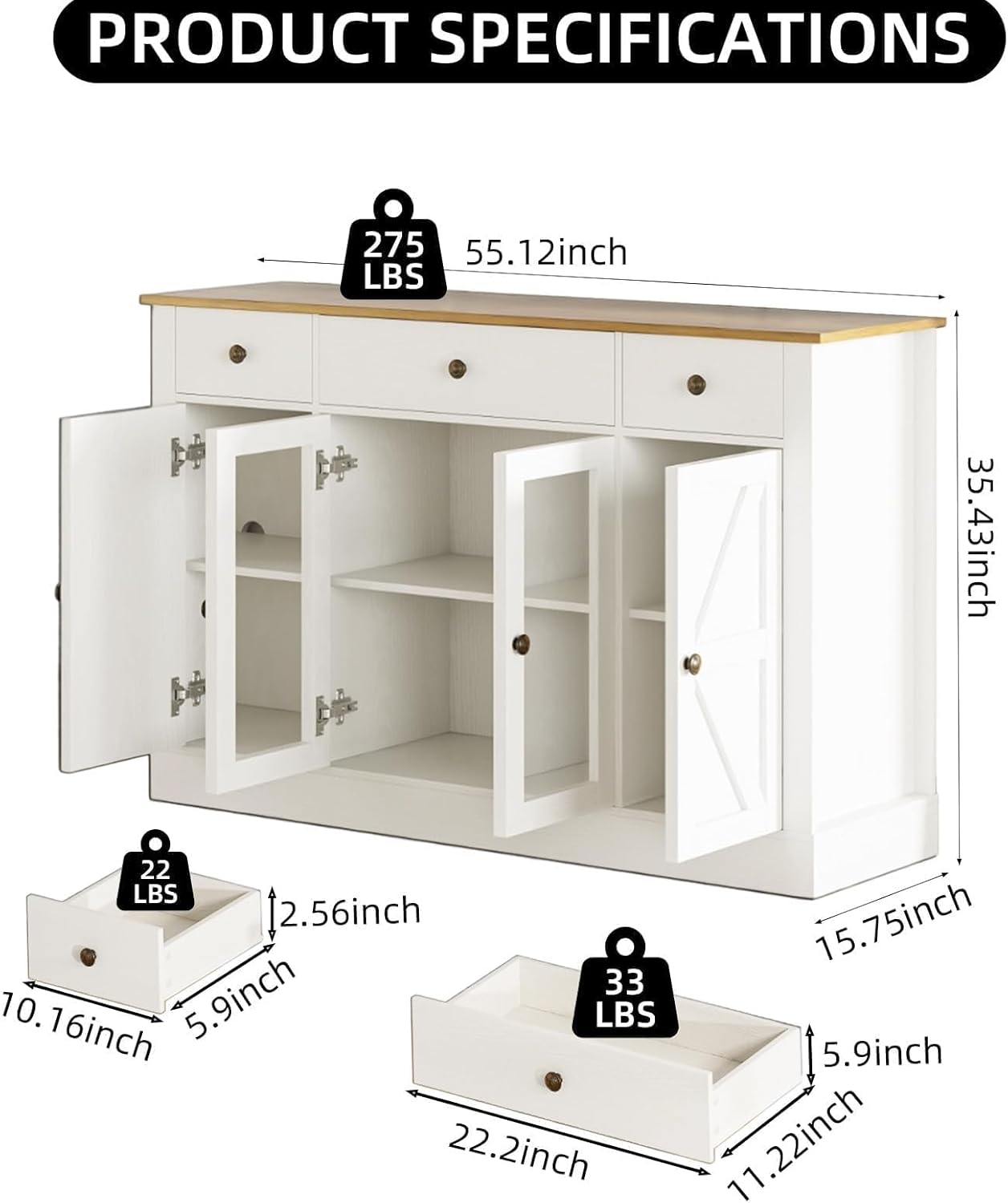 4 EVER WINNER 55" Buffet Cabinet with Storage, Farmhouse Coffee Bar Cabinet with Glass Doors and Drawers, Sideboard Cabinets with Adjustable Shelves for Living Room, Kitchen, White