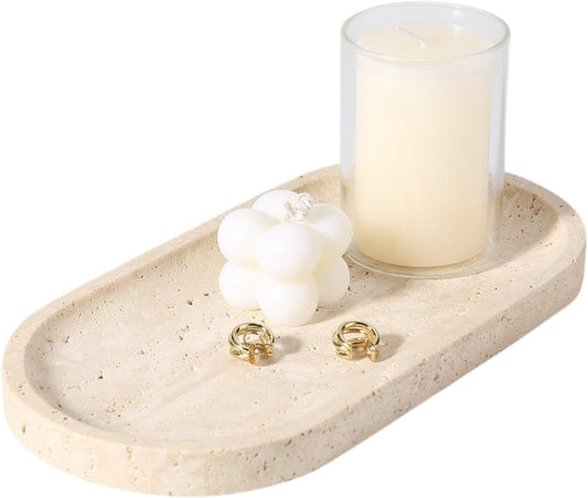 Koville Natural Marble Tray for Bathroom Counter, 10" x 5" Travertine Marble Storage Trays for Perfume, Cosmetics, Jewelry, Vanity Tray Stone Trays for Home, Decorative Tray for Dresser Organizer