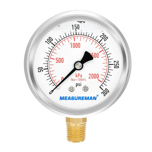 MEASUREMAN 2-1/2inch Dial Size, Glycerin Filled Pressure Gauge, 0-300psi/kpa, 304 Stainless Steel Case, 1/4 inchNPT Lower Mount