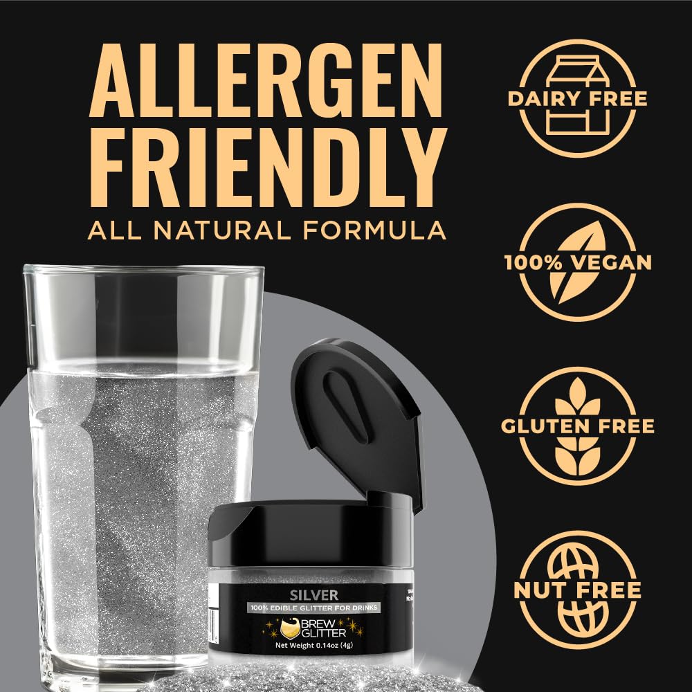 Brew Glitter Silver Edible Drink Glitter 1x 4g Jar for Cocktails, Beer, & Beverages