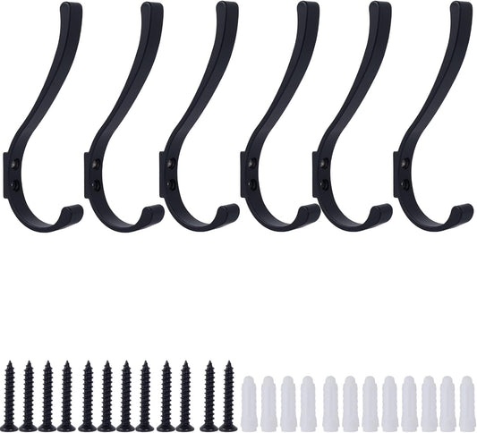 6 Pack Hanging Coat Hooks Wall Mount, Coat Hanger Wall Hangers, Metal Hooks for Hanging Heavy Duty, Screw in Hooks for Hanging Towels, Clothes, Backpack, Hat, Bag, Jacket, Key, Robe, Backpack Black