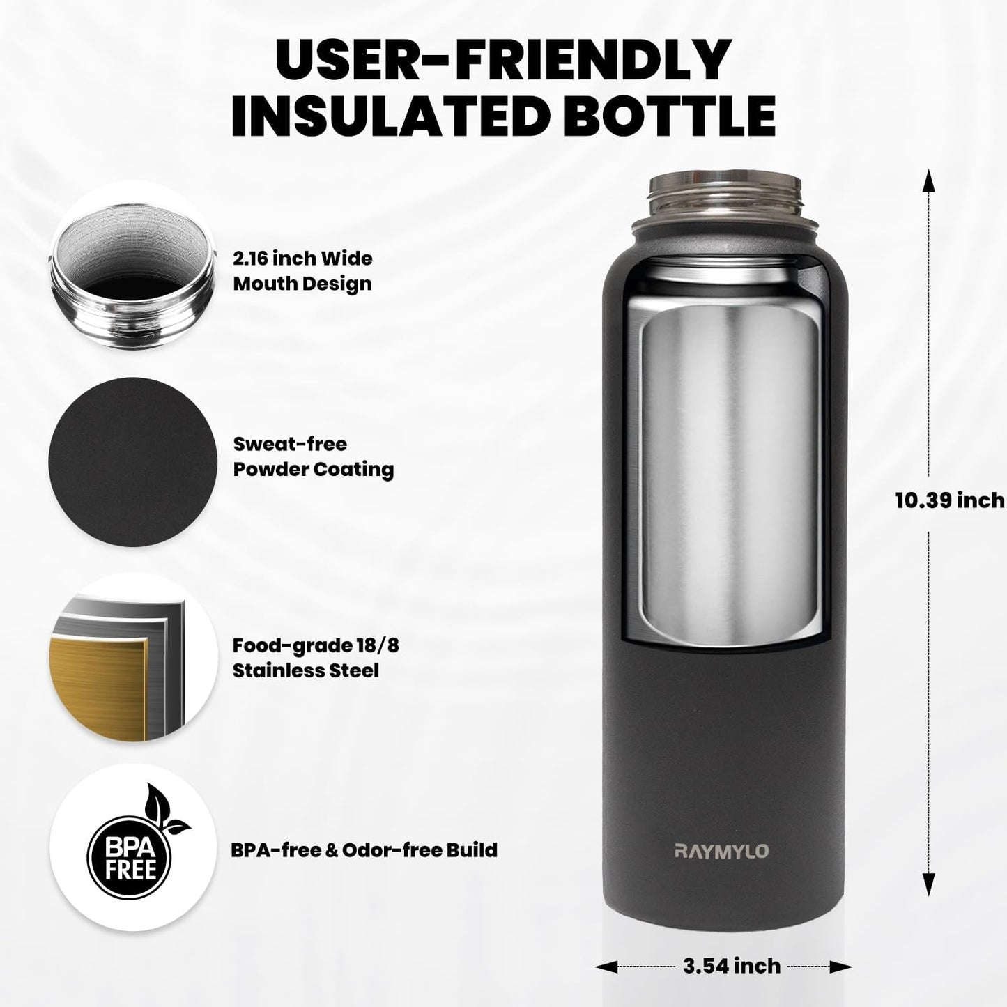 Insulated Water Bottle 40 oz, Triple Wall Vacuum Stainless Steel (Cold for 48 Hrs), Leak Proof & Non-BPA, Modern Water Flask Jug with Paracord Handle & Straw Spout Lids, Magic Black