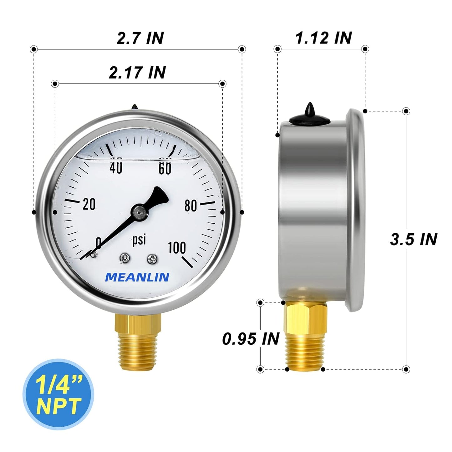 MEANLIN MEASURE 0~100Psi Stainless Steel 1/4" NPT 2.5" Single Scale FACE DIAL, Glycerin Filled Pressure Gauge, WOG Water Oil Air, Lower Mount, with 1/2" NPT and 3/8" NPT Hex Bushing